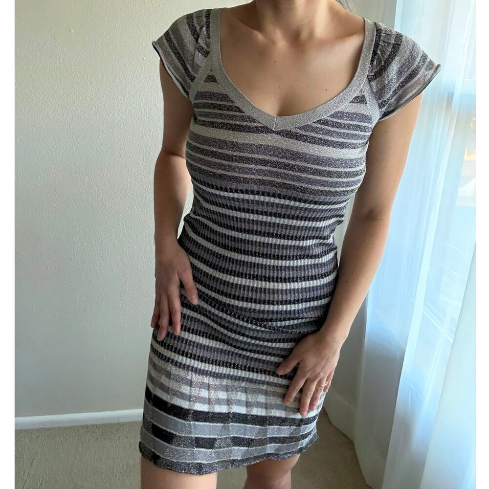 Veronika Maine y2k dress semi sheer knit sparkly metallic stripe party going out
